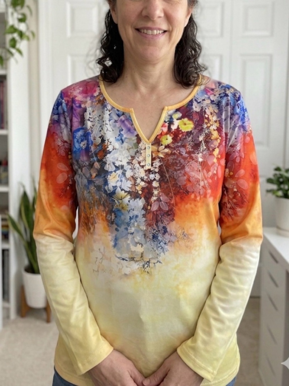 Vibrant Floral Casual Long-Sleeve T-Shirt, Women’s Large, Yellow Multicolor